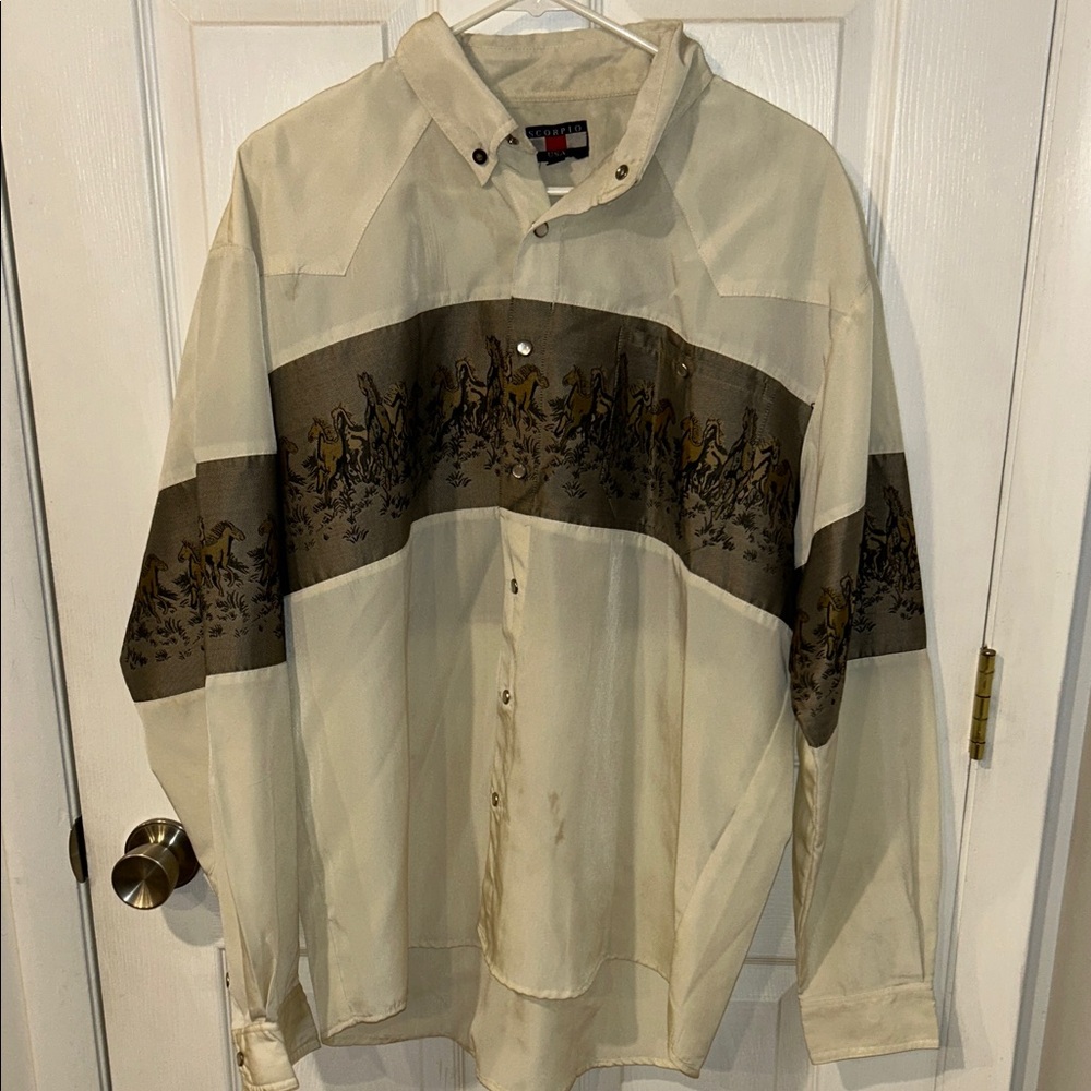 One of a kind Vintage Mens Cream and Brown Western Button-Up Shirt with pocket